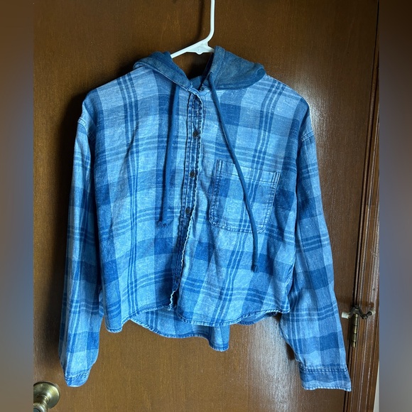 American Eagle Outfitters Tops Ae Cropped Hooded Flannel Shirt - Picture 3 of 7